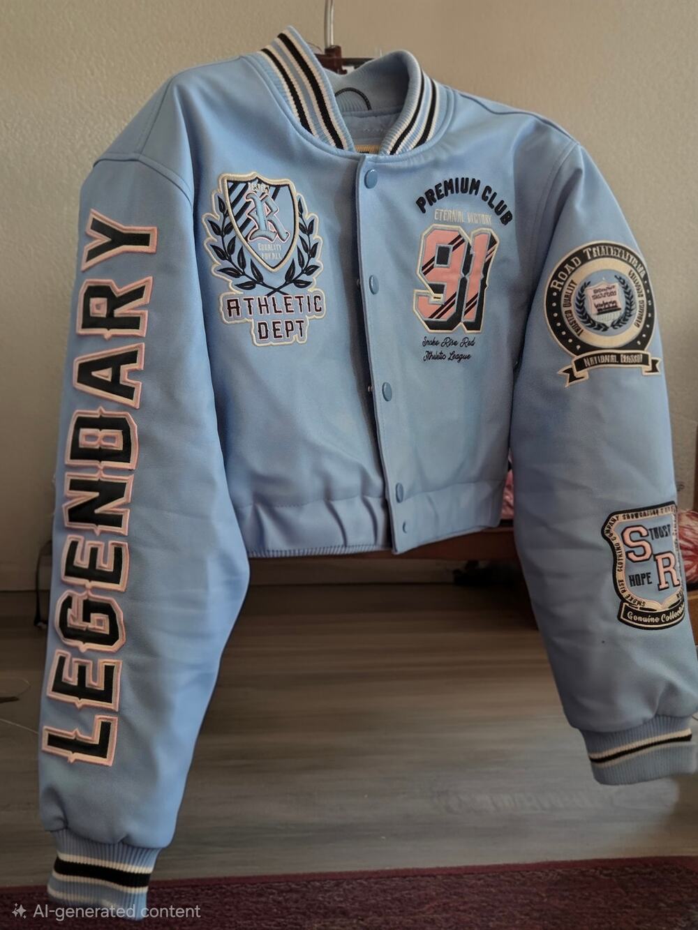 Smoke Rise Women Cropped Varsity Jacket Light Blue PU Leather Patches Size [X]